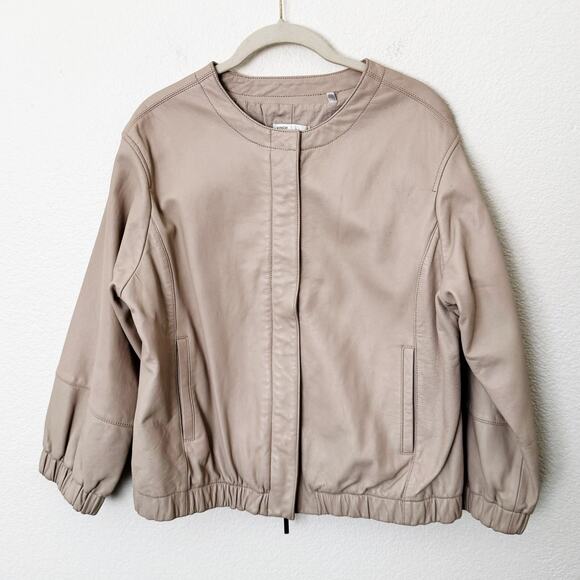 [Vince] Beige Tan Collarless Ballon Sleeve 100% Leather Bomber Jacket Sz Large L - Picture 1 of 11
